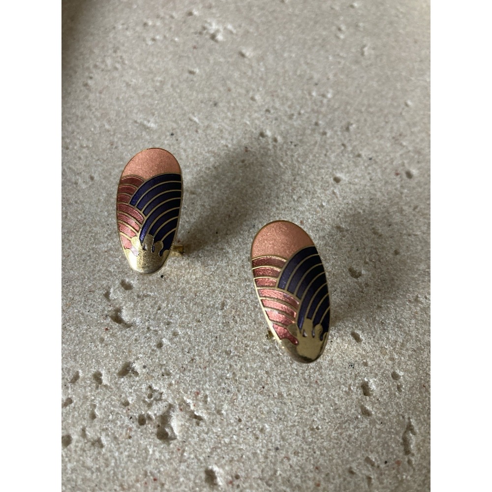 Vintage Gold Tone Cloisonne‎ Enamel Earrings Pierced Omega Back Pink Purple Oval